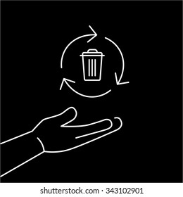 Recycle bin in hand gesture ecology and environment vector icon and infographic white on black background