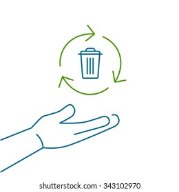 Recycle bin in hand gesture ecology and environment vector icon and infographic colorful on white background