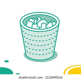 Recycle Bin Icon. Isometric Trash Can Icon with Papers. Vector Illustration.