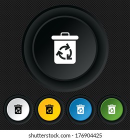 Recycle bin icon. Reuse or reduce symbol. Round colourful buttons on black texture. Vector