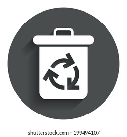 Recycle bin icon. Reuse or reduce symbol. Circle flat button with shadow. Modern UI website navigation. Vector