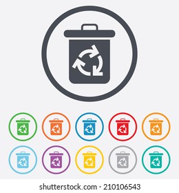 Recycle bin icon. Reuse or reduce symbol. Round circle buttons with frame. Vector