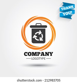 Recycle bin icon. Reuse or reduce symbol. Business abstract circle logo. Logotype with Thank you ribbon. Vector