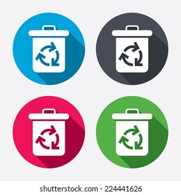 Recycle bin icon. Reuse or reduce symbol. Circle buttons with long shadow. 4 icons set. Vector