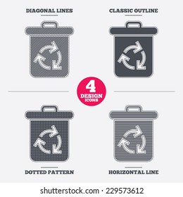 Recycle bin icon. Reuse or reduce symbol. Diagonal and horizontal lines, classic outline, dotted texture. Pattern design icons.  Vector