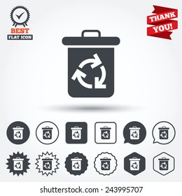 Recycle bin icon. Reuse or reduce symbol. Circle, star, speech bubble and square buttons. Award medal with check mark. Thank you. Vector