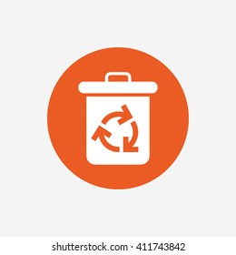 Recycle bin icon. Reuse or reduce symbol. Orange circle button with icon. Vector