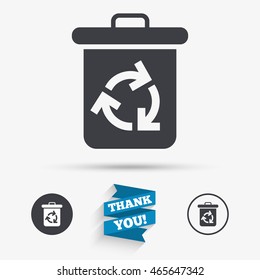Recycle bin icon. Reuse or reduce symbol. Flat icons. Buttons with icons. Thank you ribbon. Vector