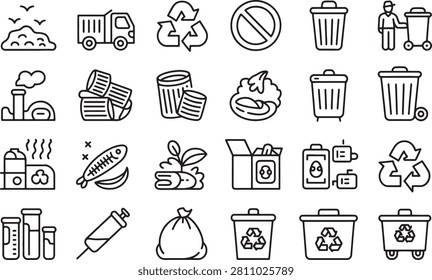Recycle Bin Icon Set with Arrows and Waste Symbols, Trash Can Recycling Design for Sustainability Concept