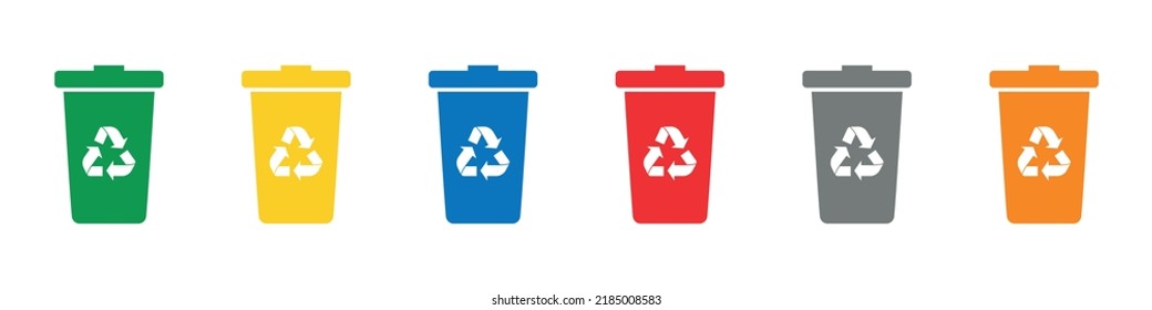 Recycle bin icon set with six colors. Green, yellow, blue, red, grey, and orange. Transparent background. Isolated on a white layer.