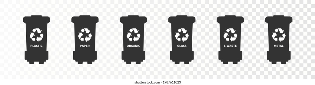 Recycle bin icon set. Vector illustration. Rubbish bins for recycling different types. Garbage containers collection on transparent background.