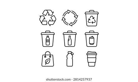 Recycle Bin Icon Set – Waste Sorting and Container Line Icons
Recycle bin icon set featuring trash can, recycling symbol, bottle and cup container line icons. Perfect for waste management, recycling programs and environmental sustainability related designs.