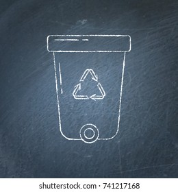 Recycle bin icon sketch on chalkboard. Trash can with recycling symbol arrows - chalk drawing on blackboard.