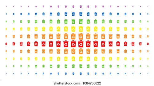 Recycle bin icon spectral halftone pattern. Vector recycle bin objects are arranged into halftone grid with vertical spectral gradient. Constructed for backgrounds, covers,