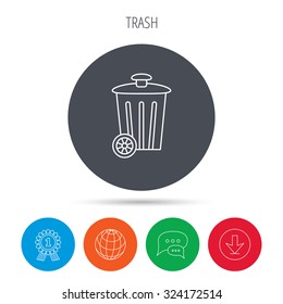 Recycle bin icon. Trash container sign. Street rubbish symbol. Globe, download and speech bubble buttons. Winner award symbol. Vector