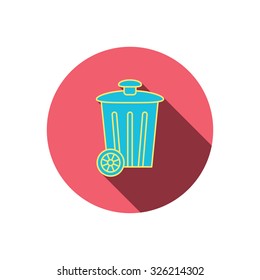 Recycle bin icon. Trash container sign. Street rubbish symbol. Red flat circle button. Linear icon with shadow. Vector