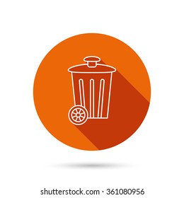 Recycle bin icon. Trash container sign. Street rubbish symbol. Round orange web button with shadow.