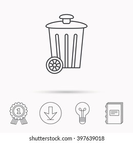 Recycle bin icon. Trash container sign. Street rubbish symbol. Download arrow, lamp, learn book and award medal icons.