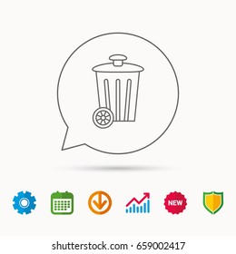 Recycle bin icon. Trash container sign. Street rubbish symbol. Calendar, Graph chart and Cogwheel signs. Download and Shield web icons. Vector