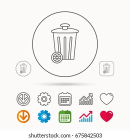 Recycle bin icon. Trash container sign. Street rubbish symbol. Calendar, Graph chart and Cogwheel signs. Download and Heart love linear web icons. Vector