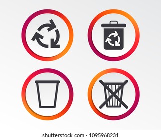 Recycle bin icons. Reuse or reduce symbols. Trash can and recycling signs. Infographic design buttons. Circle templates. Vector