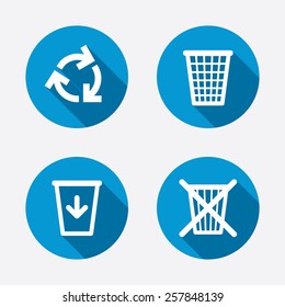 Recycle bin icons. Reuse or reduce symbols. Trash can and recycling signs. Circle concept web buttons. Vector