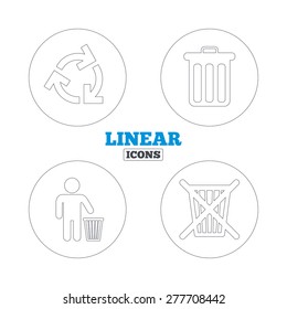 Recycle bin icons. Reuse or reduce symbols. Human throw in trash can. Recycling signs. Linear outline web icons. Vector