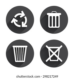 Recycle bin icons. Reuse or reduce symbols. Trash can and recycling signs. Circles buttons with long flat shadow. Vector