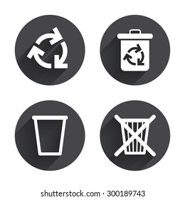 Recycle bin icons. Reuse or reduce symbols. Trash can and recycling signs. Circles buttons with long flat shadow. Vector