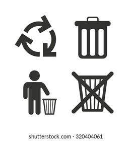 Recycle bin icons. Reuse or reduce symbols. Human throw in trash can. Recycling signs. Flat icons on white. Vector