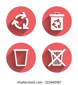 Recycle bin icons. Reuse or reduce symbols. Trash can and recycling signs. Pink circles flat buttons with shadow. Vector