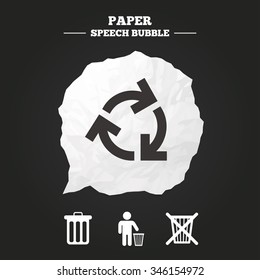 Recycle bin icons. Reuse or reduce symbols. Human throw in trash can. Recycling signs. Paper speech bubble with icon.