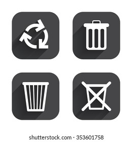 Recycle bin icons. Reuse or reduce symbols. Trash can and recycling signs. Square flat buttons with long shadow.