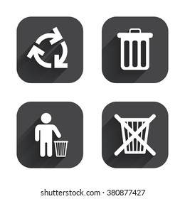 Recycle bin icons. Reuse or reduce symbols. Human throw in trash can. Recycling signs. Square flat buttons with long shadow.