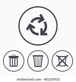 Recycle bin icons. Reuse or reduce symbols. Trash can and recycling signs. Icons in circles.