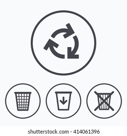 Recycle bin icons. Reuse or reduce symbols. Trash can and recycling signs. Icons in circles.