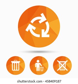 Recycle bin icons. Reuse or reduce symbols. Human throw in trash can. Recycling signs. Triangular low poly buttons with shadow. Vector