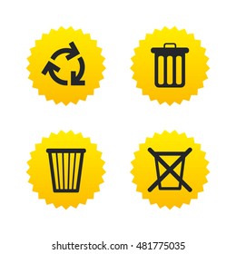 Recycle bin icons. Reuse or reduce symbols. Trash can and recycling signs. Yellow stars labels with flat icons. Vector