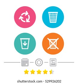 Recycle bin icons. Reuse or reduce symbols. Trash can and recycling signs. Calendar, cogwheel and report linear icons. Star vote ranking. Vector