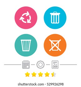 Recycle bin icons. Reuse or reduce symbols. Trash can and recycling signs. Calendar, cogwheel and report linear icons. Star vote ranking. Vector