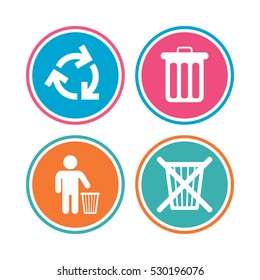 Recycle bin icons. Reuse or reduce symbols. Human throw in trash can. Recycling signs. Colored circle buttons. Vector