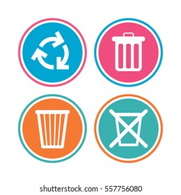 Recycle bin icons. Reuse or reduce symbols. Trash can and recycling signs. Colored circle buttons. Vector