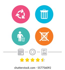 Recycle bin icons. Reuse or reduce symbols. Human throw in trash can. Recycling signs. Calendar, cogwheel and report linear icons. Star vote ranking. Vector