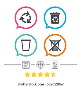 Recycle bin icons. Reuse or reduce symbols. Trash can and recycling signs. Calendar, internet globe and report linear icons. Star vote ranking. Vector