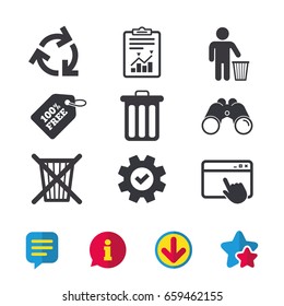 Recycle bin icons. Reuse or reduce symbols. Human throw in trash can. Recycling signs. Browser window, Report and Service signs. Binoculars, Information and Download icons. Stars and Chat. Vector