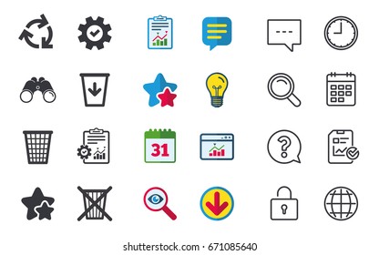 Recycle bin icons. Reuse or reduce symbols. Trash can and recycling signs. Chat, Report and Calendar signs. Stars, Statistics and Download icons. Question, Clock and Globe. Vector