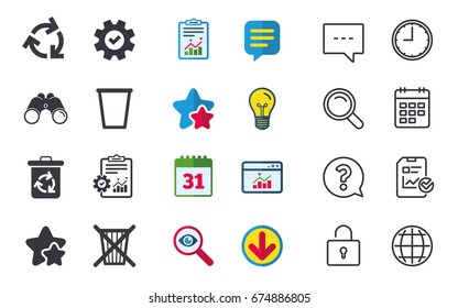 Recycle bin icons. Reuse or reduce symbols. Trash can and recycling signs. Chat, Report and Calendar signs. Stars, Statistics and Download icons. Question, Clock and Globe. Vector