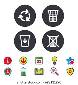 Recycle bin icons. Reuse or reduce symbols. Trash can and recycling signs. Calendar, Information and Download signs. Stars, Award and Book icons. Light bulb, Shield and Search. Vector