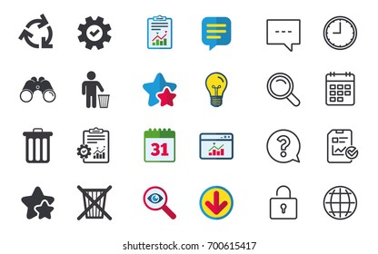 Recycle bin icons. Reuse or reduce symbols. Human throw in trash can. Recycling signs. Chat, Report and Calendar signs. Stars, Statistics and Download icons. Question, Clock and Globe. Vector