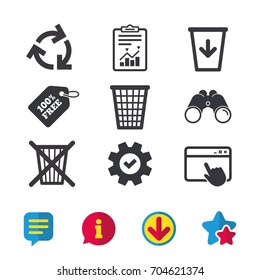 Recycle bin icons. Reuse or reduce symbols. Trash can and recycling signs. Browser window, Report and Service signs. Binoculars, Information and Download icons. Stars and Chat. Vector